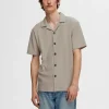 SELECTED RIBBAD CUBAN COLLAR KORTÄRMAD SKJORTA Beige Discount