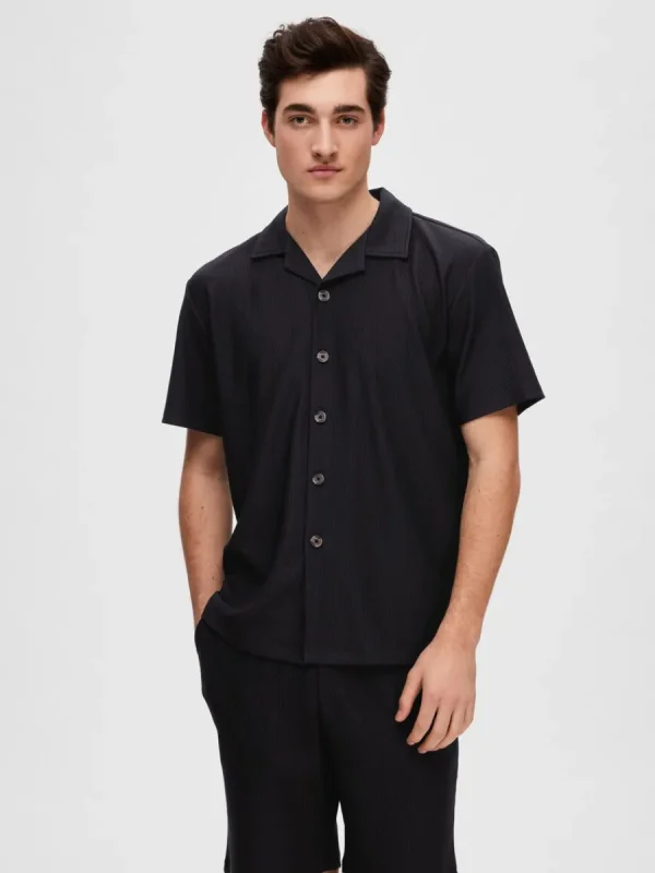 SELECTED RIBBAD CUBAN COLLAR KORTÄRMAD SKJORTA Black Outlet