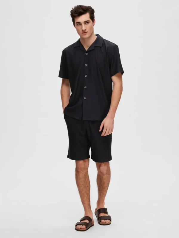SELECTED RIBBAD CUBAN COLLAR KORTÄRMAD SKJORTA Black Outlet