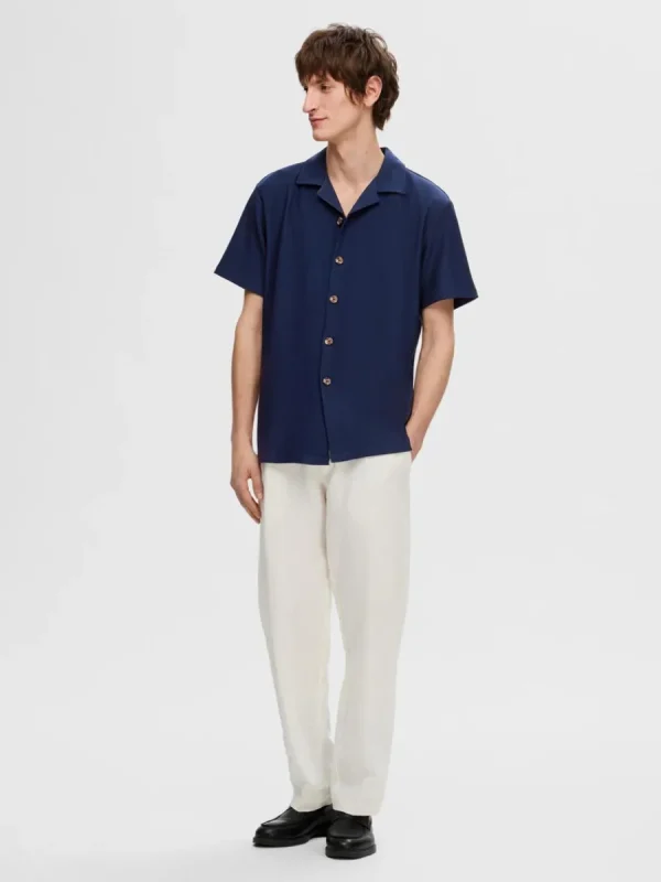 SELECTED RIBBAD CUBAN COLLAR KORTÄRMAD SKJORTA Blue Sale