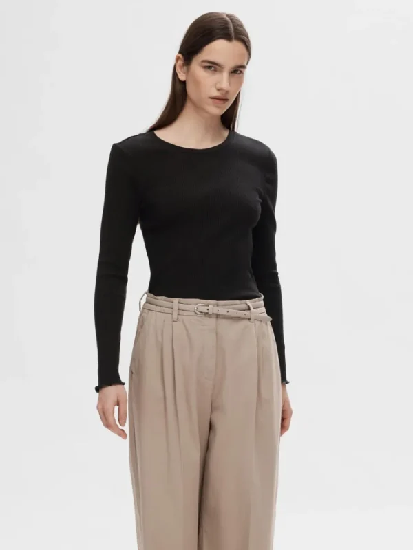 SELECTED RIBBAD LÅNGÄRMAD TOPP Black Best Sale