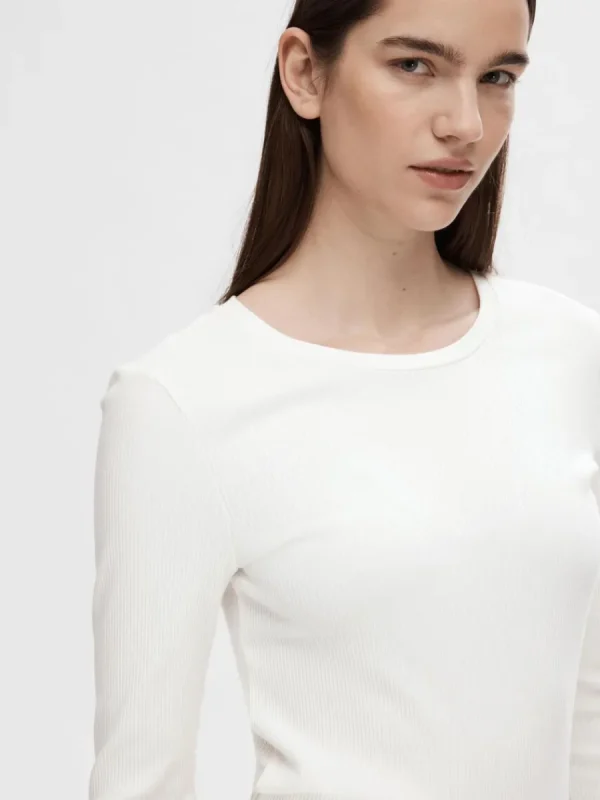 SELECTED RIBBAD LÅNGÄRMAD TOPP White New