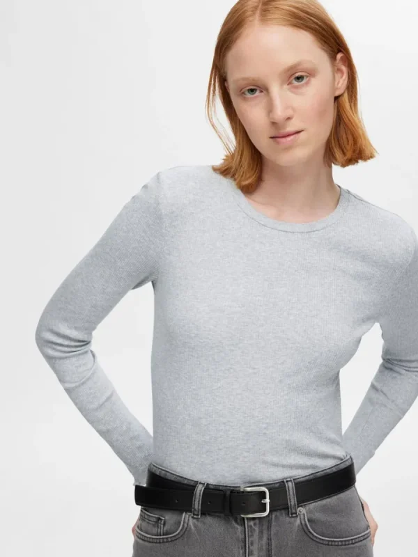 SELECTED RIBBAD LÅNGÄRMAD TOPP Grey Flash Sale