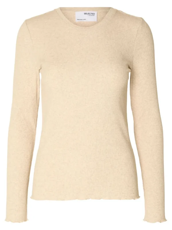 SELECTED RIBBAD LÅNGÄRMAD TOPP Beige Flash Sale