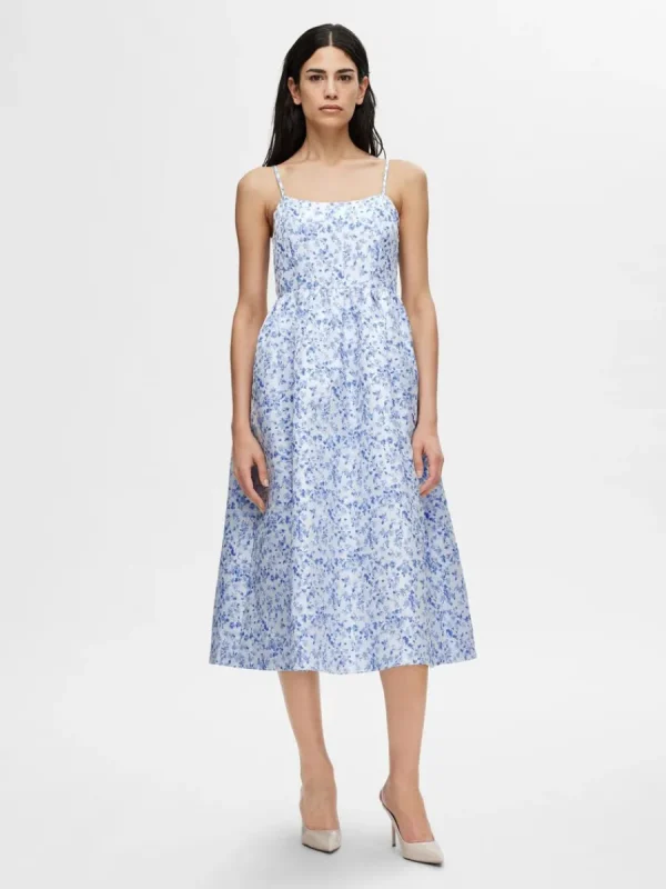 SELECTED ÄRMLÖS BLOMSTERTRYCK MIDIKLÄNNING Blue Shop