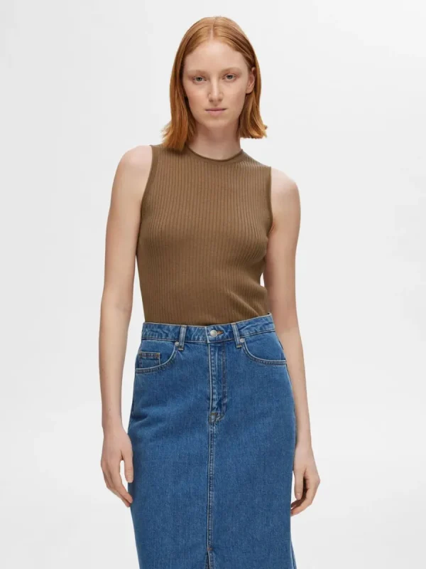 SELECTED ÄRMLÖS STICKAD TOPP Brown Best Sale