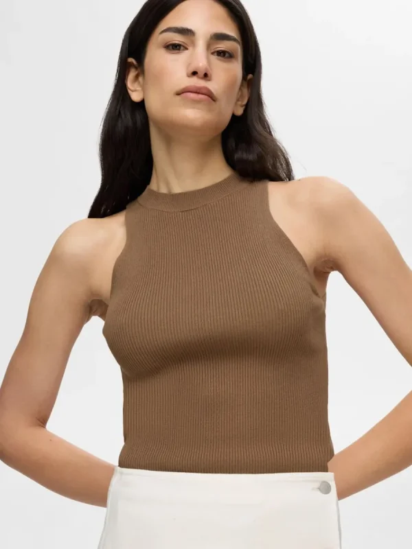 SELECTED ÄRMLÖS STICKAD TOPP Brown Discount