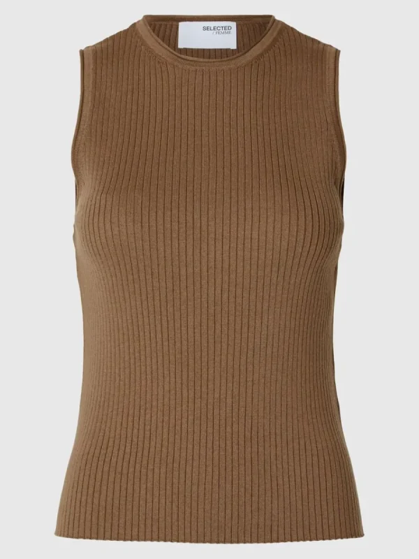 SELECTED ÄRMLÖS STICKAD TOPP Brown Best Sale