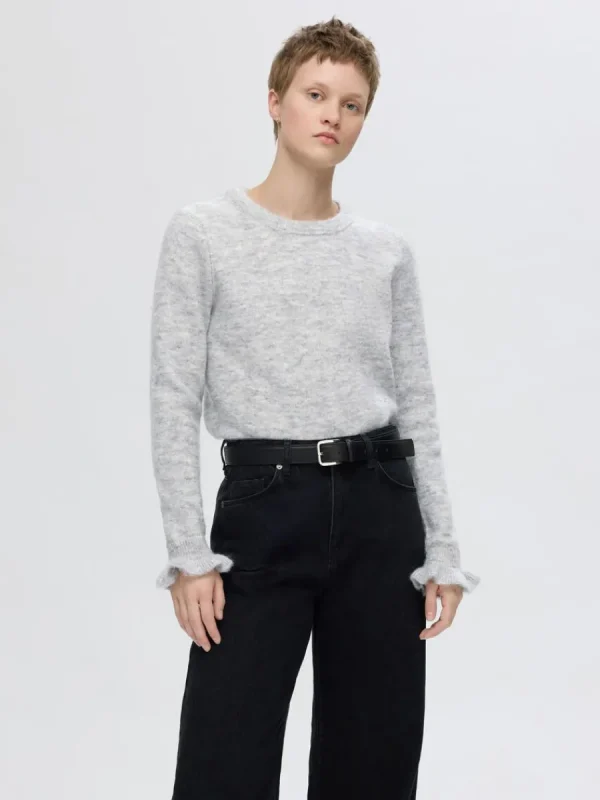 SELECTED RYNKADE ÄRMAR STICKAD TRÖJA Grey Cheap