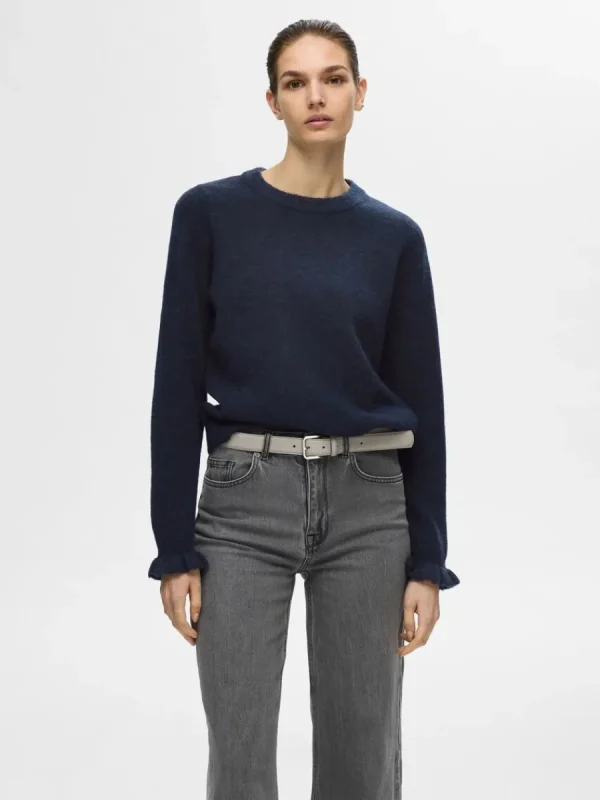 SELECTED RYNKADE ÄRMAR STICKAD TRÖJA Blue Clearance