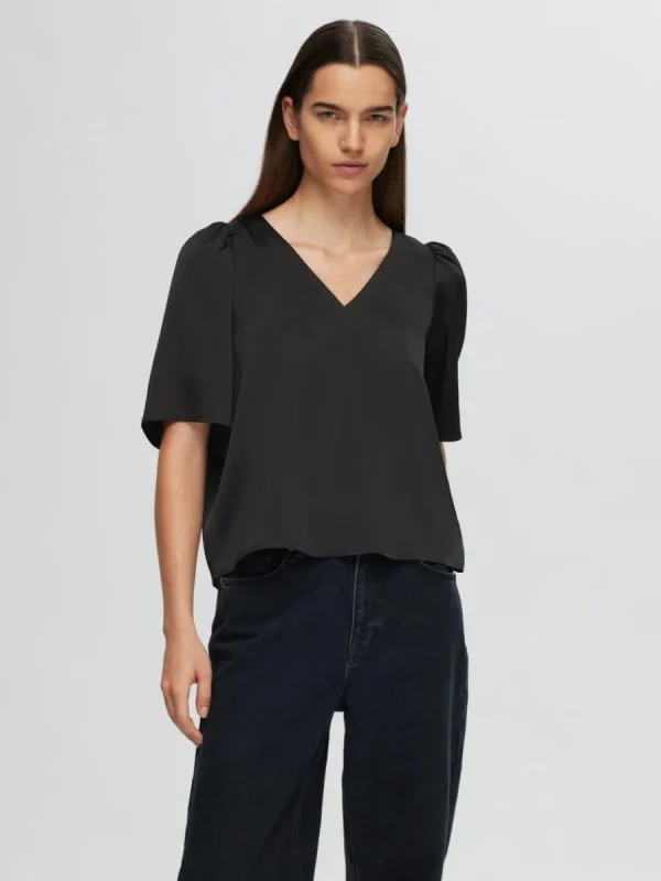 SELECTED SATIN BLUS MED 2/4-ÄRMAR Black New