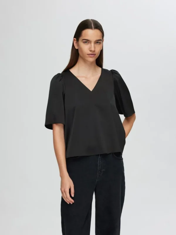 SELECTED SATIN BLUS MED 2/4-ÄRMAR Black New