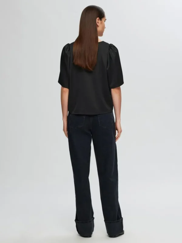 SELECTED SATIN BLUS MED 2/4-ÄRMAR Black New