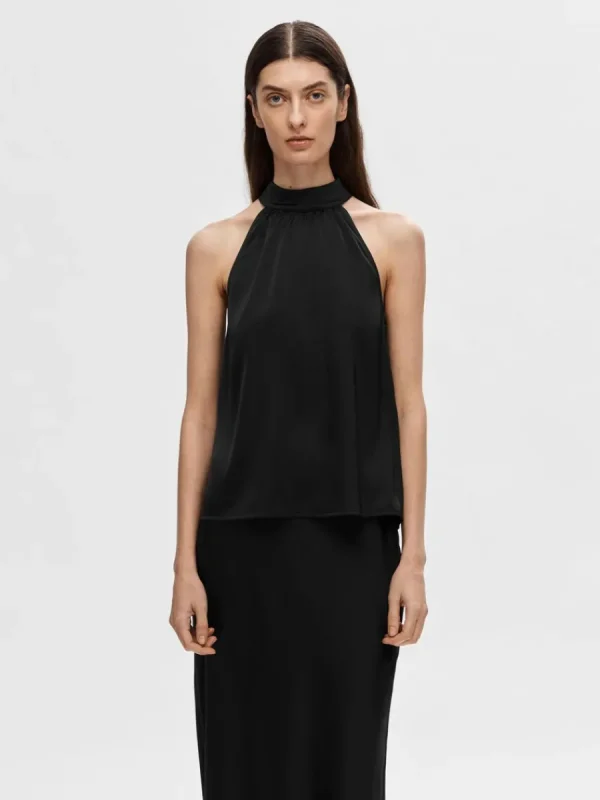 SELECTED SATIN HALTERNECK TOPP Black Sale