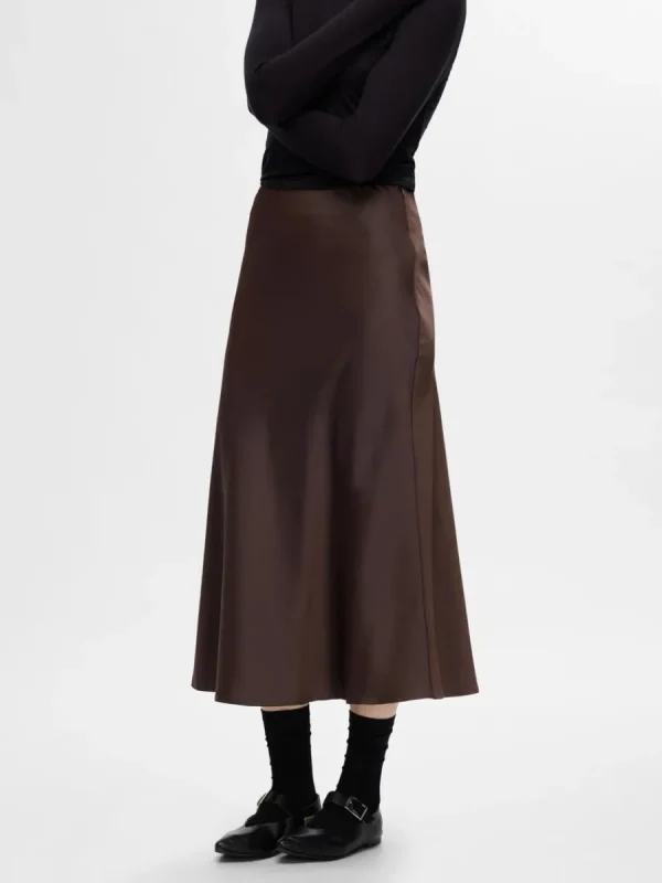SELECTED SATIN MIDIKJOL Brown Sale