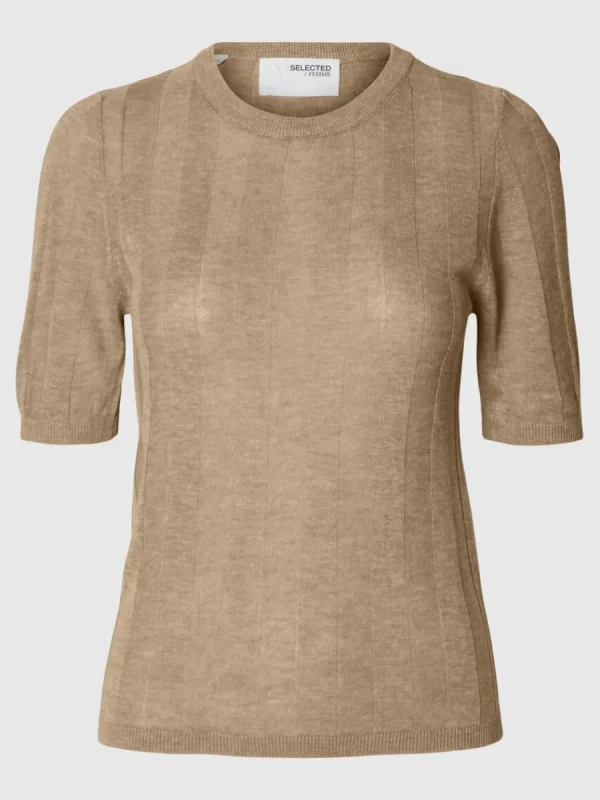 SELECTED STICKAD KORTÄRMAD TOPP Beige Discount