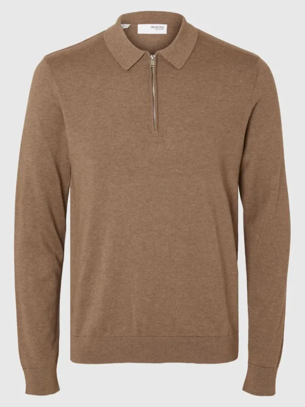 SELECTED STICKAD LÅNGÄRMAD PIKÉTRÖJA Brown Store