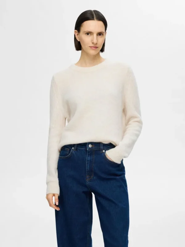 SELECTED STICKAD RUNDRINGAD TRÖJA Beige Shop