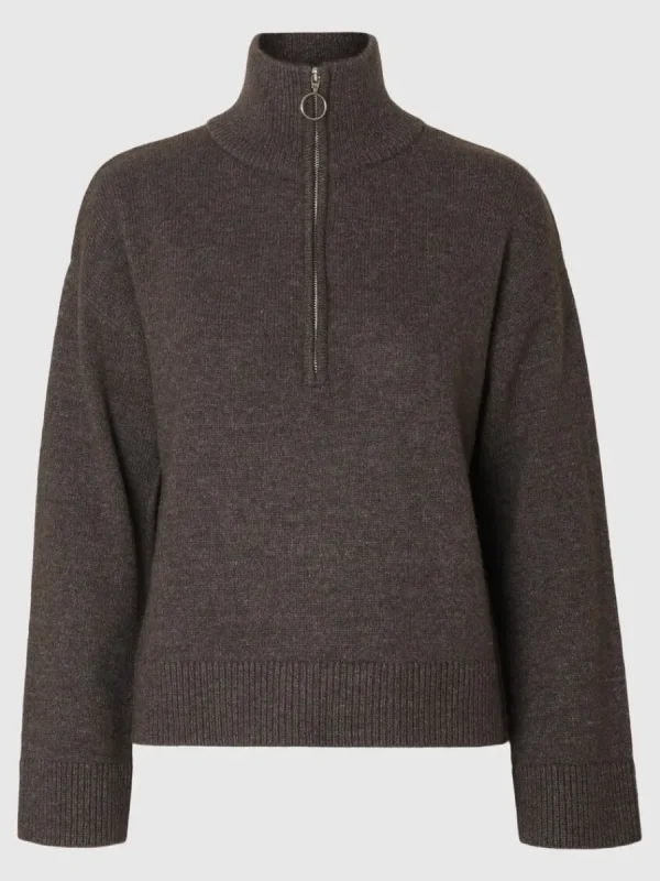 SELECTED STICKAD TRÖJA MED HALVLÅNGT BLIXTLÅS Brown Discount