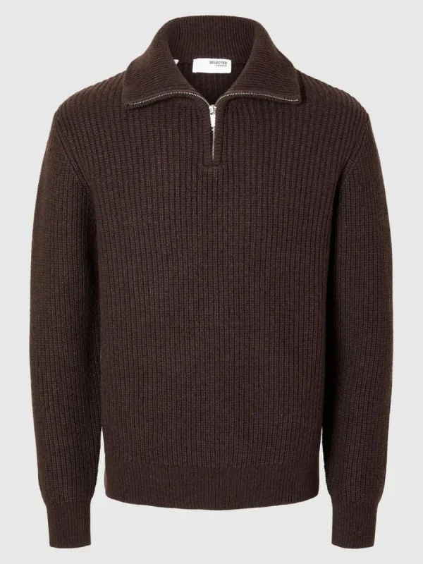 SELECTED STICKAD TRÖJA MED HALVLÅNGT BLIXTLÅS Brown Fashion
