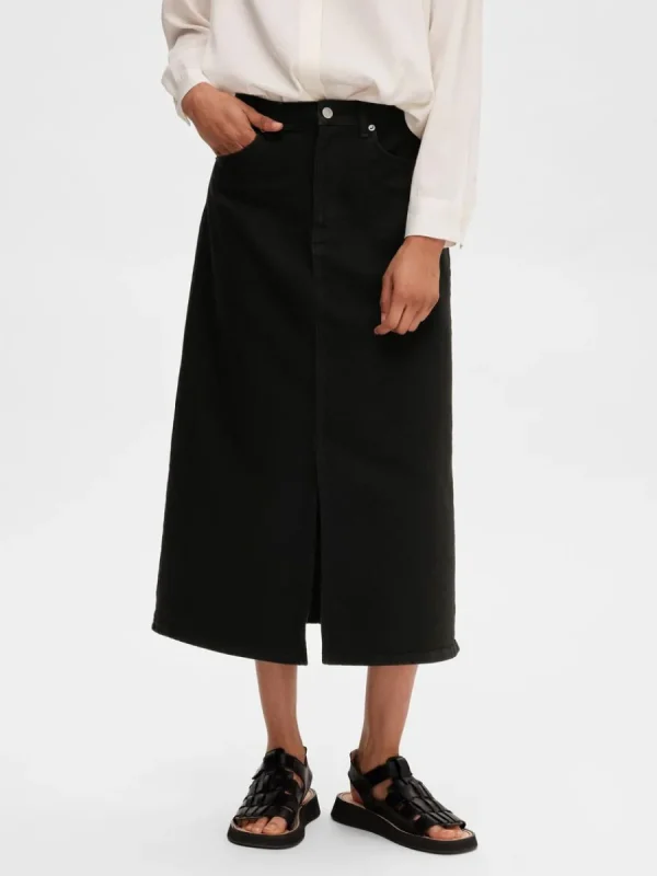 SELECTED SVART DENIM MIDIKJOL Black New