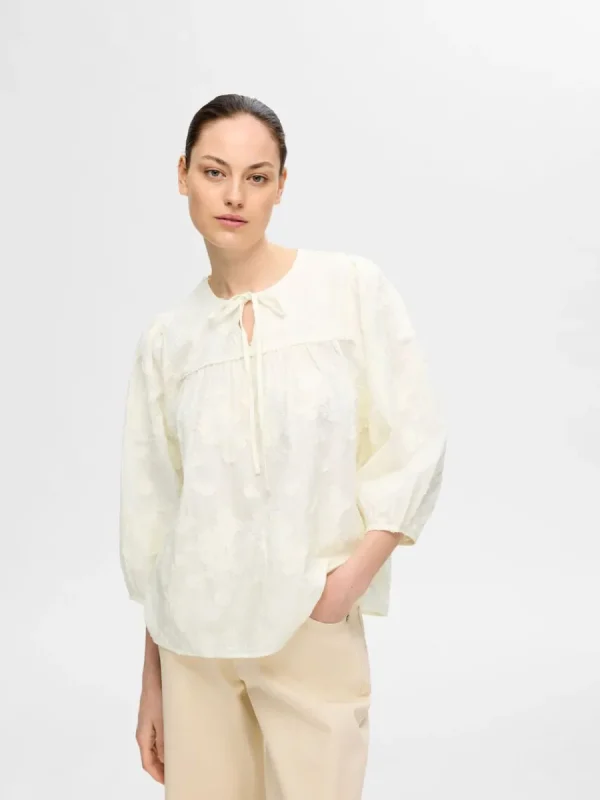 SELECTED TEXTURERAD BLUS MED 3/4-ÄRMAR White Flash Sale
