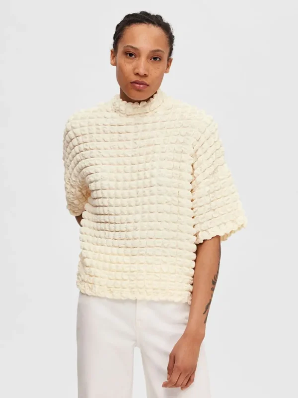 SELECTED TEXTURERAD KORTÄRMAD TOPP White Shop