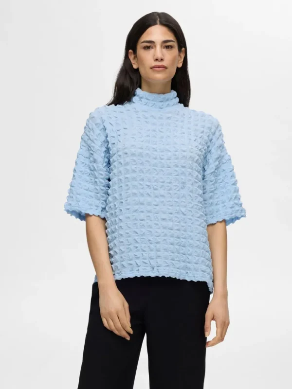 SELECTED TEXTURERAD KORTÄRMAD TOPP Blue Outlet