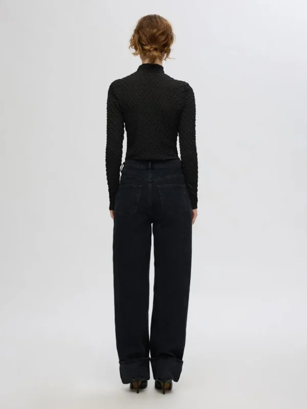 SELECTED TEXTURERAD LÅNGÄRMAD TOPP Black New