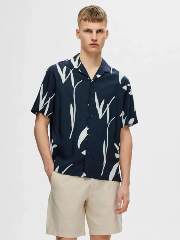 SELECTED TRYCK KORTÄRMAD SKJORTA Blue Fashion