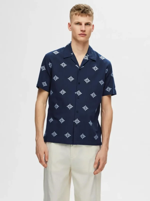 SELECTED TRYCKT BOMULL KORTÄRMAD SKJORTA Blue Best Sale
